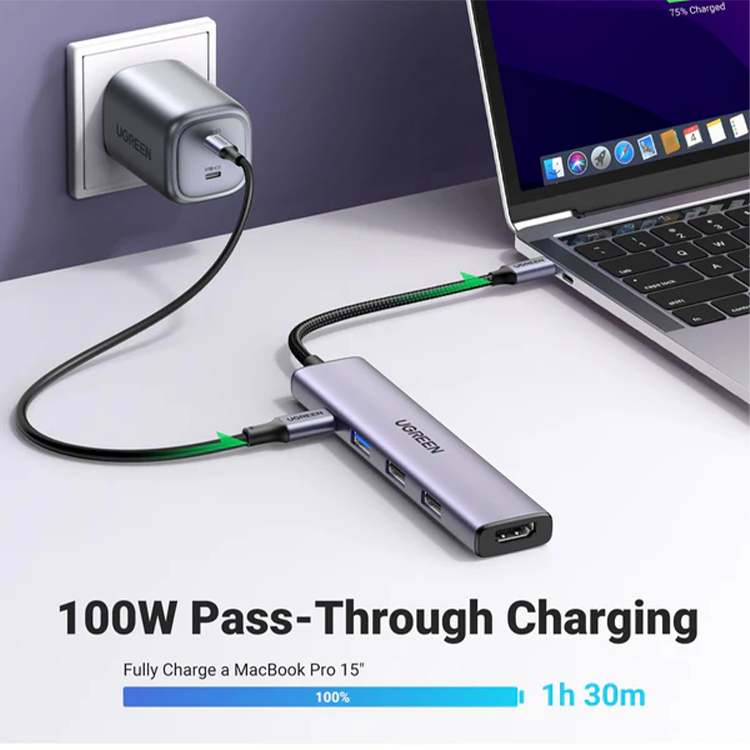 Ugreen USB-C To HDMI+1xUSB3.0 A+2xUSB2.0 A+PD Power Converter – 15495
