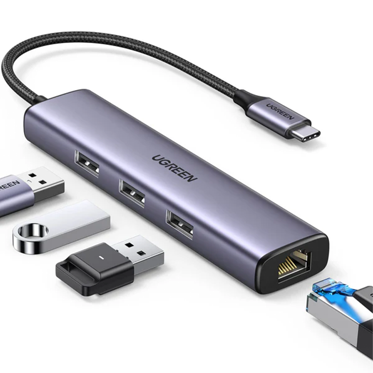 Ugreen USB-C to 3×USB3.0 Hub+RJ45 (1000M) Ethernet Adapter – 60600