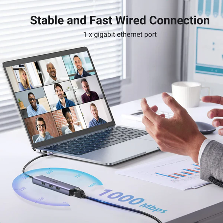 Ugreen USB-C to 3×USB3.0 Hub+RJ45 (1000M) Ethernet Adapter – 60600