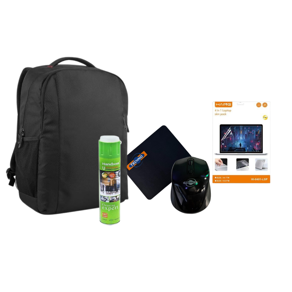 Laptop Accessories Bundle – Wireless Mouse, Backpack, Skin Pack & Cleaner