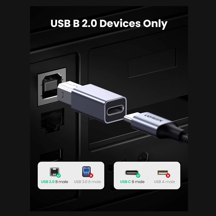 UGREEN USB 2.0 USB-C Female to USB 2.0 B Male Adapter – Aluminum Case (20120)