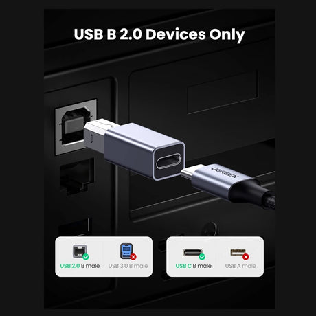 UGREEN USB 2.0 USB-C Female to USB 2.0 B Male Adapter – Aluminum Case (20120)