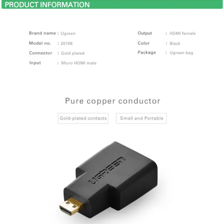 UGREEN Micro HDMI Male to HDMI Female Adapter – 20106 (Black)