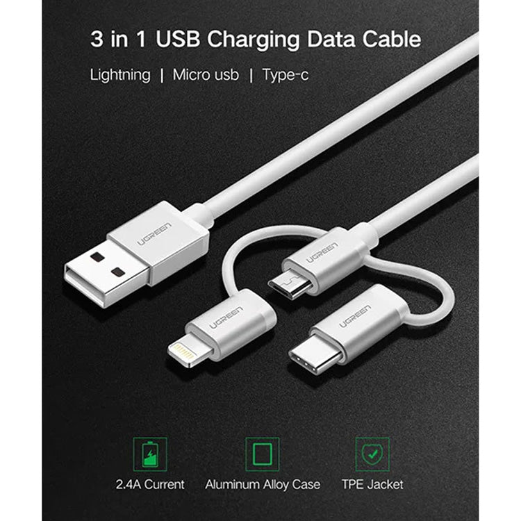 Ugreen 3-in-1 USB2.0-A Multifunction Cable with Braid 1.5m (Silver White)